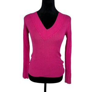 Wet Seal Y2K Ribbed Deep V Neck Knit Top Sweater Long Sleeve Medium‎ Hot Pink